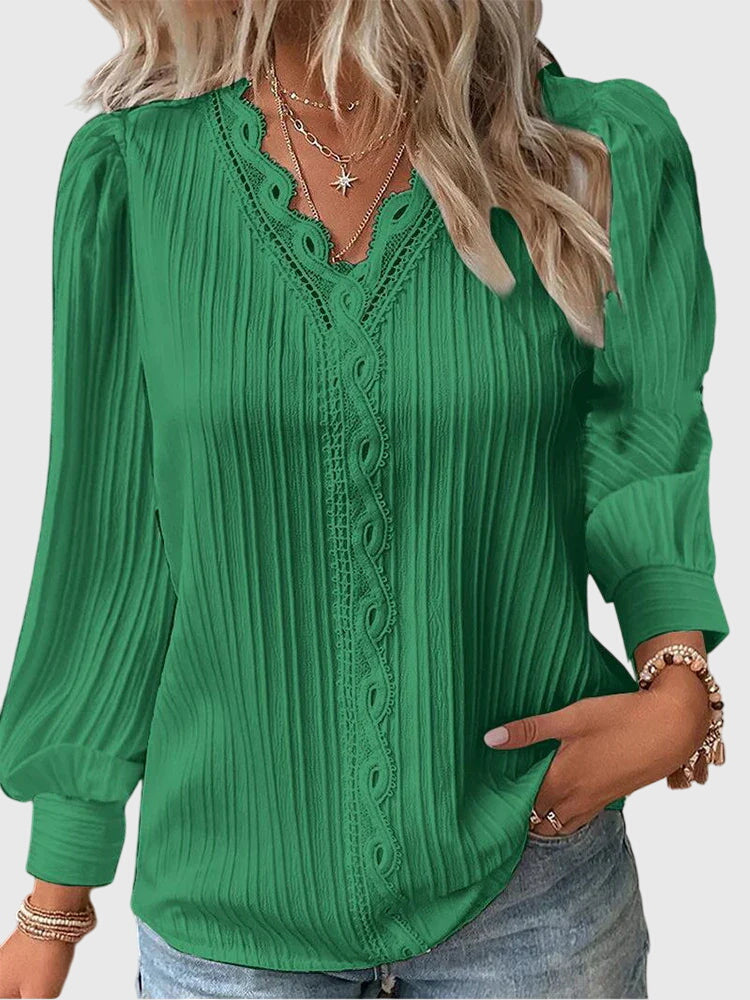 Mariselle | Elegant Pleated Lace Trim Blouse 2