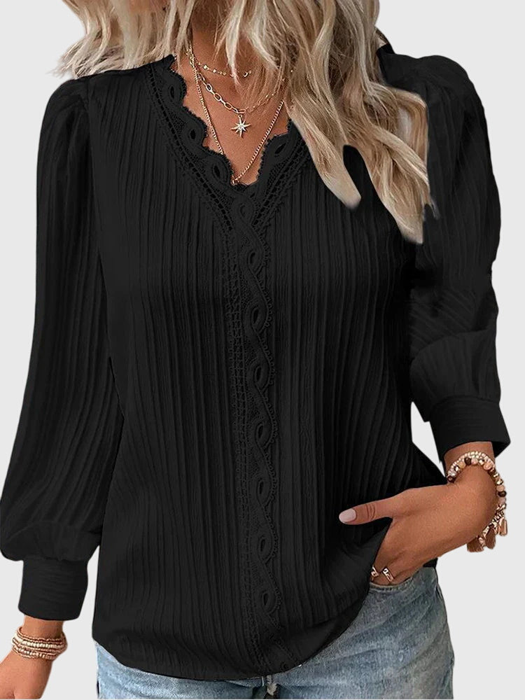 Mariselle | Elegant Pleated Lace Trim Blouse 3