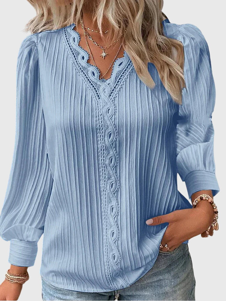 Mariselle | Elegant Pleated Lace Trim Blouse 4