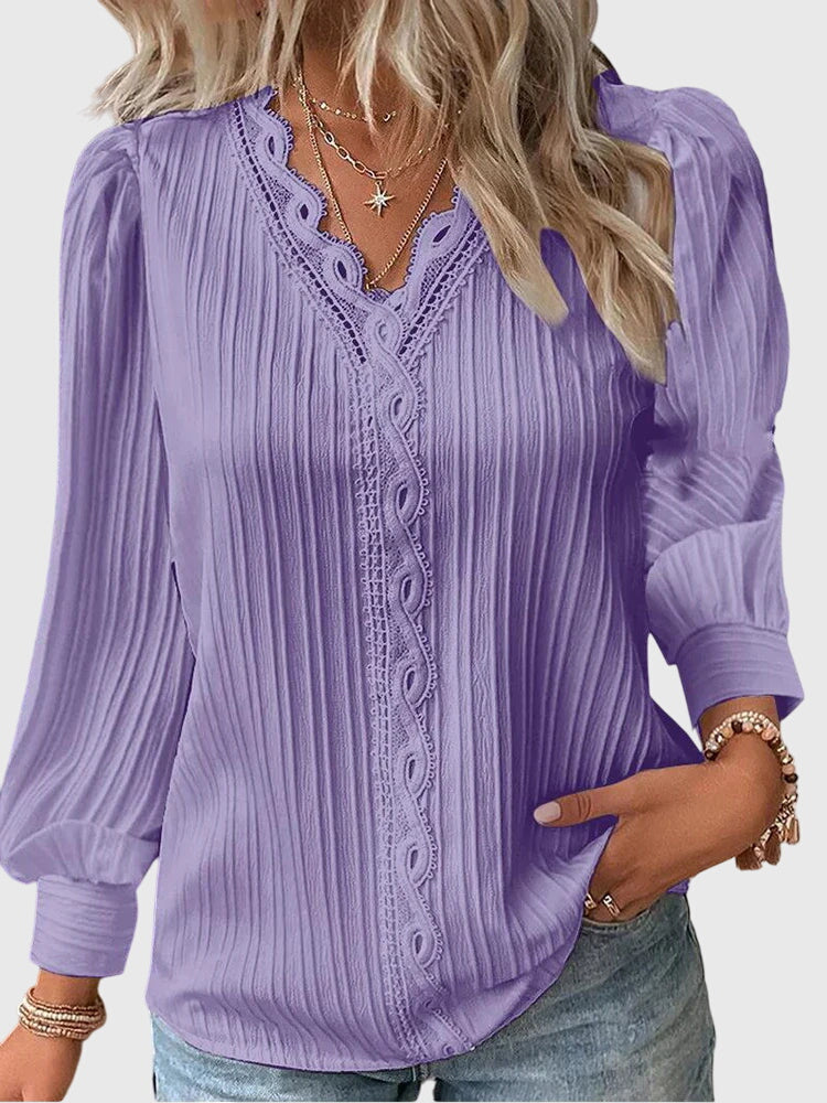 Mariselle | Elegant Pleated Lace Trim Blouse 5
