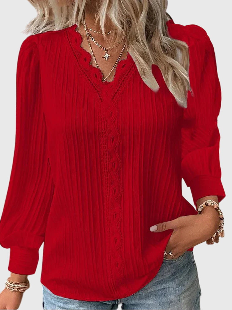Mariselle | Elegant Pleated Lace Trim Blouse 6