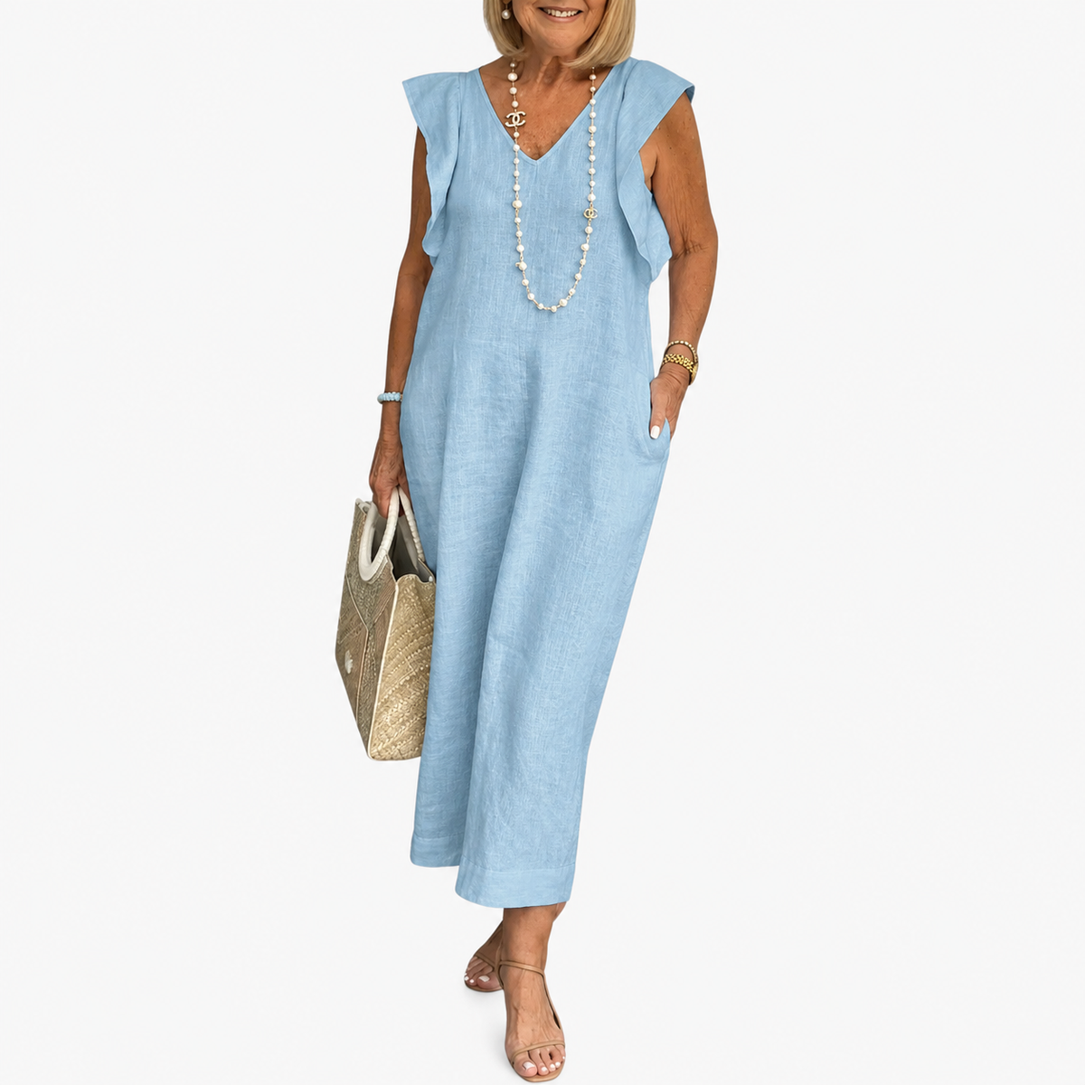 Maxi Dress | Aurielle Linen V-Neck Ruffle-Sleeve Maxi Dress for Women