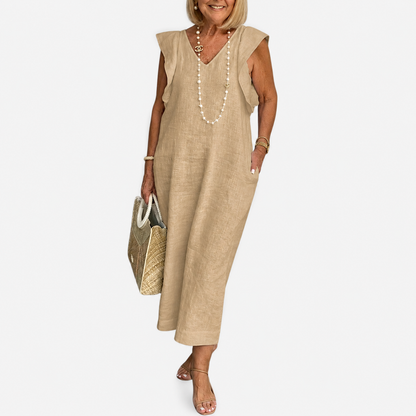 Maxi Dress | Aurielle Linen V-Neck Ruffle-Sleeve Maxi Dress for Women