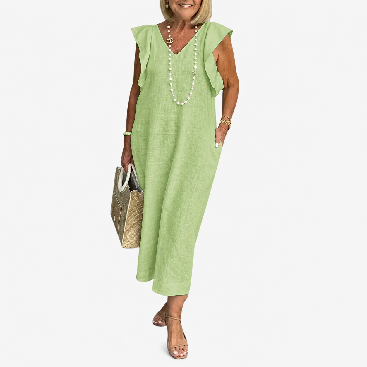 Maxi Dress | Aurielle Linen V-Neck Ruffle-Sleeve Maxi Dress for Women