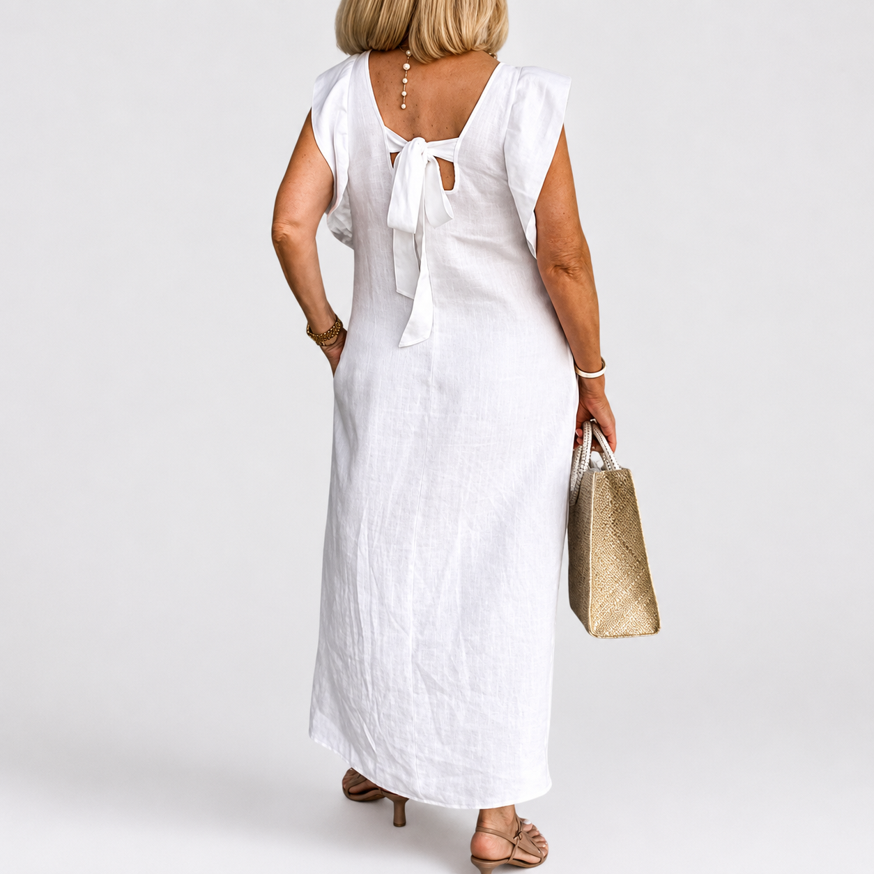 Maxi Dress | Aurielle Linen V-Neck Ruffle-Sleeve Maxi Dress for Women
