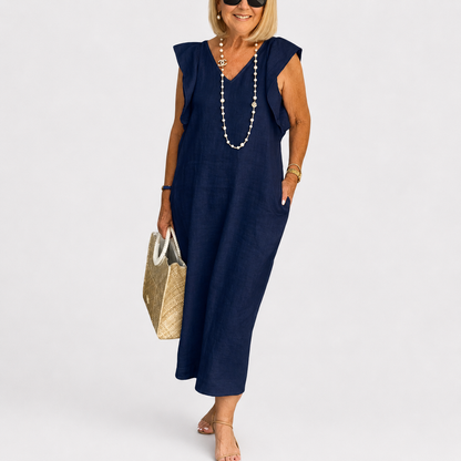 Maxi Dress | Aurielle Linen V-Neck Ruffle-Sleeve Maxi Dress for Women