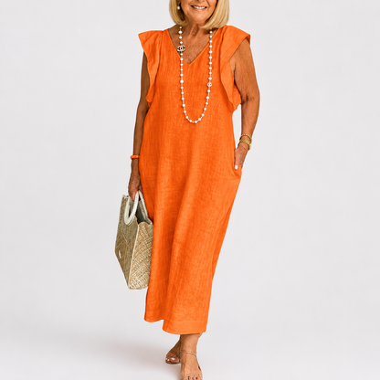 Maxi Dress | Aurielle Linen V-Neck Ruffle-Sleeve Maxi Dress for Women