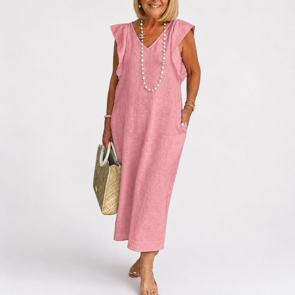 Maxi Dress | Aurielle Linen V-Neck Ruffle-Sleeve Maxi Dress for Women