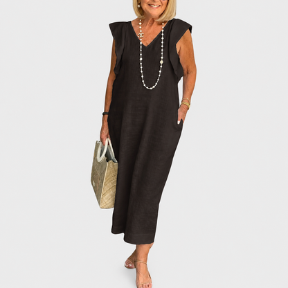 Maxi Dress | Aurielle Linen V-Neck Ruffle-Sleeve Maxi Dress for Women