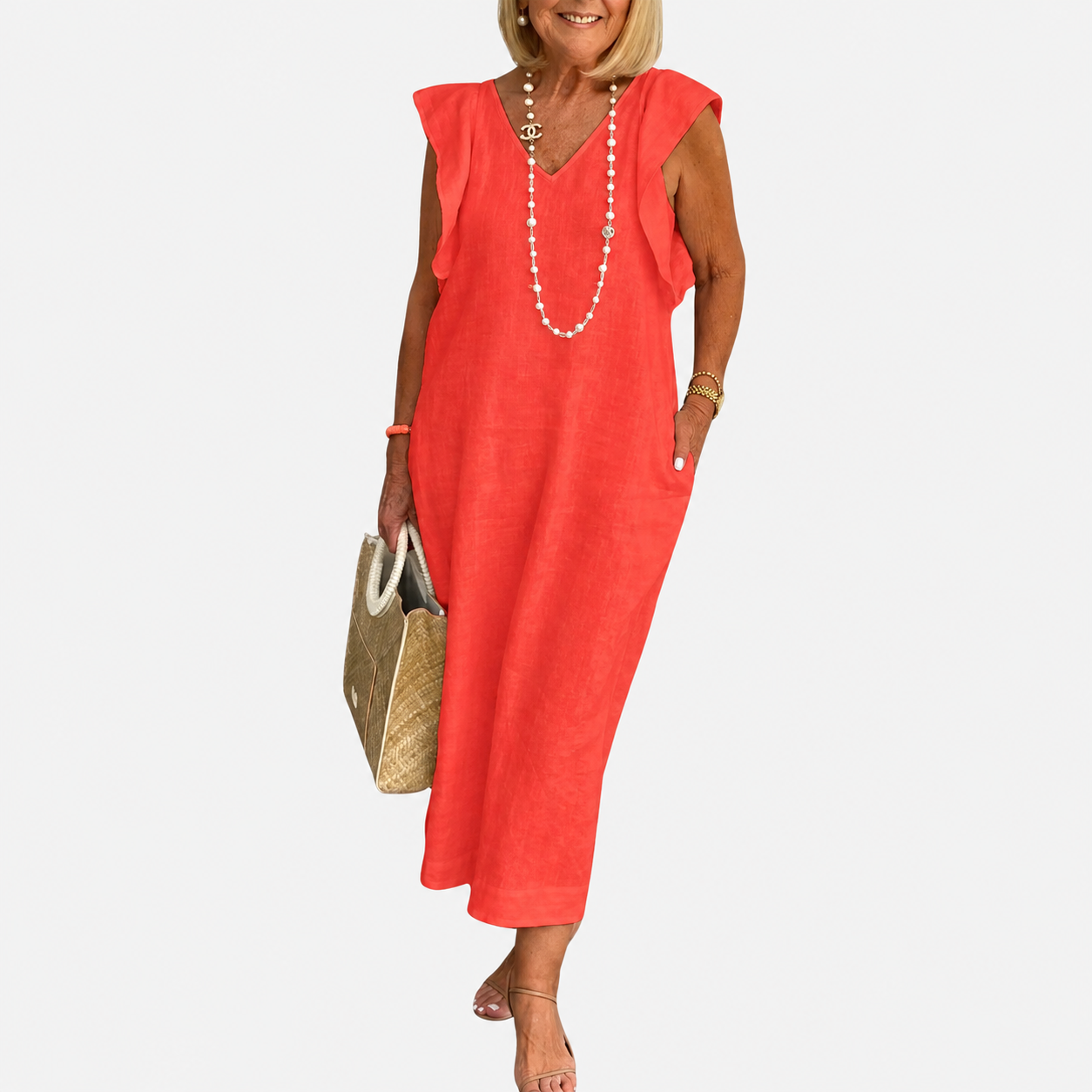 Maxi Dress | Aurielle Linen V-Neck Ruffle-Sleeve Maxi Dress for Women