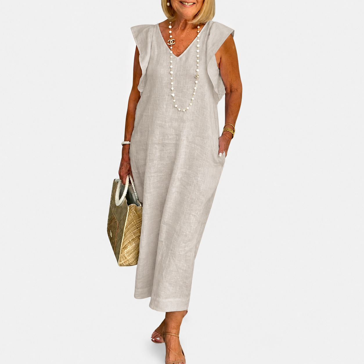 Maxi Dress | Aurielle Linen V-Neck Ruffle-Sleeve Maxi Dress for Women