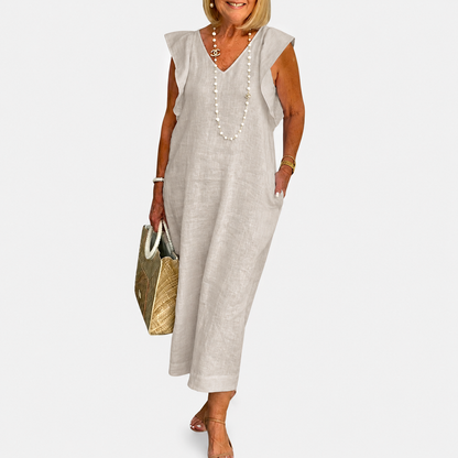 Maxi Dress | Aurielle Linen V-Neck Ruffle-Sleeve Maxi Dress for Women