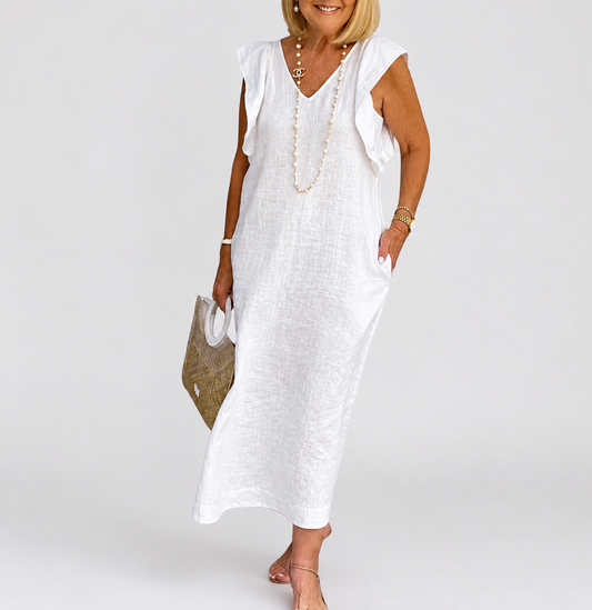 Maxi Dress | Aurielle Linen V-Neck Ruffle-Sleeve Maxi Dress for Women