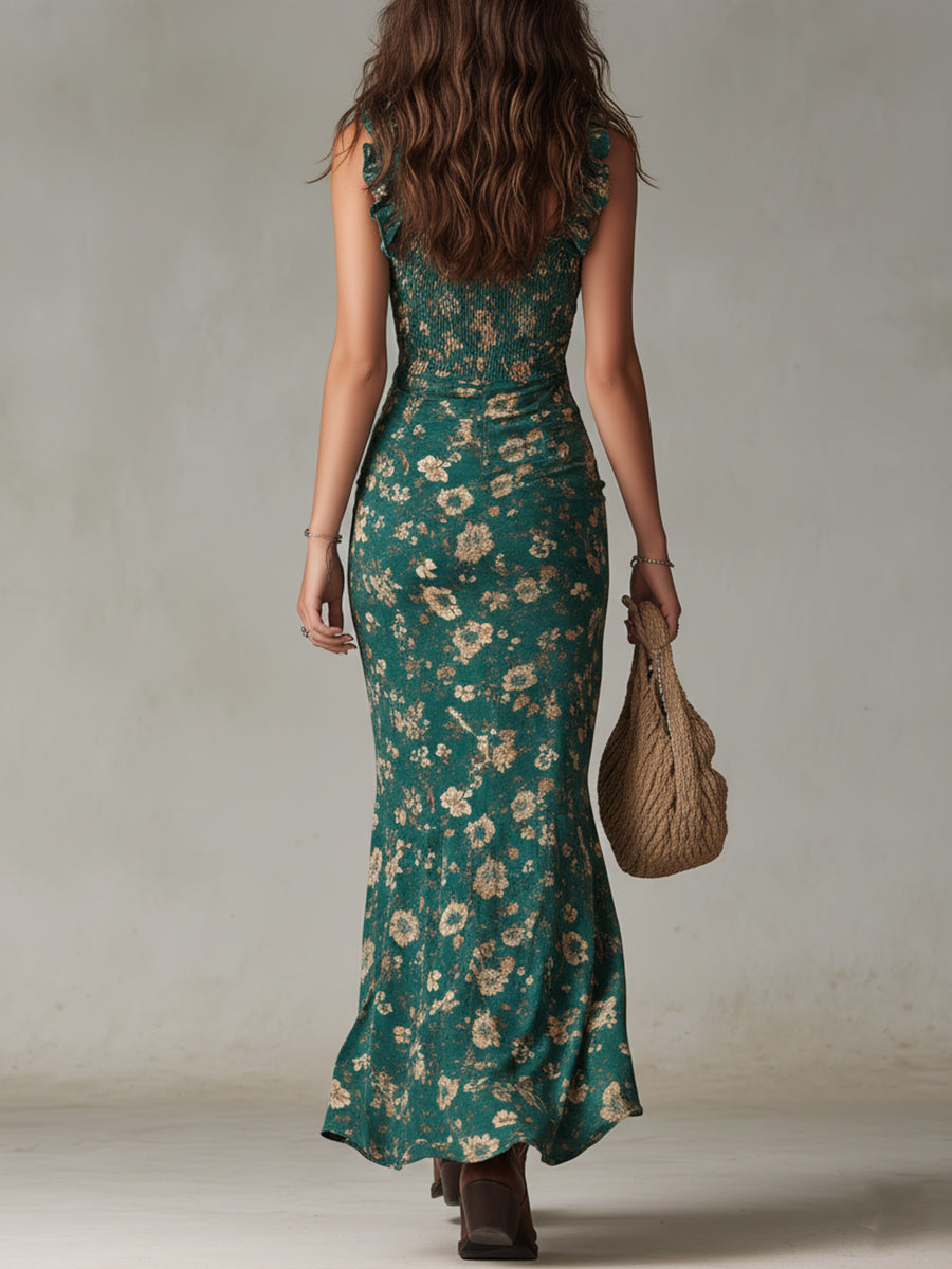 Maxi Dress | Bonnie Floral Ruffle-Strap Ruched Maxi Dress for Women