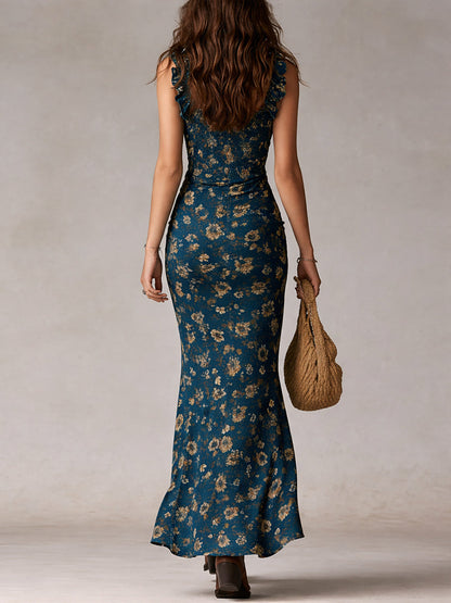 Maxi Dress | Bonnie Floral Ruffle-Strap Ruched Maxi Dress for Women