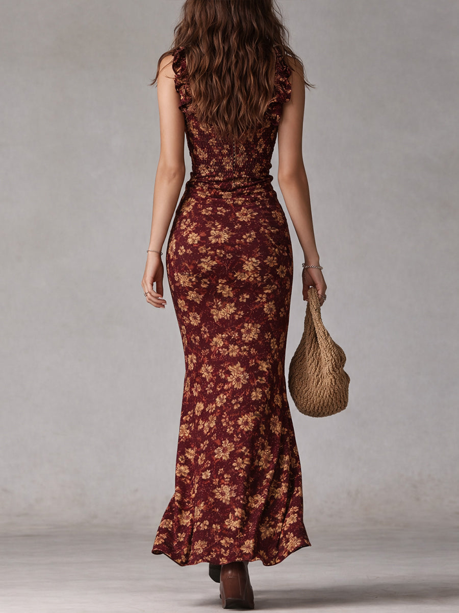 Maxi Dress | Bonnie Floral Ruffle-Strap Ruched Maxi Dress for Women