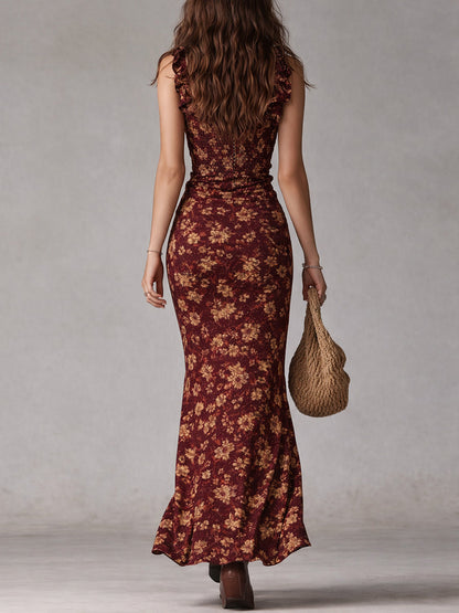 Maxi Dress | Bonnie Floral Ruffle-Strap Ruched Maxi Dress for Women