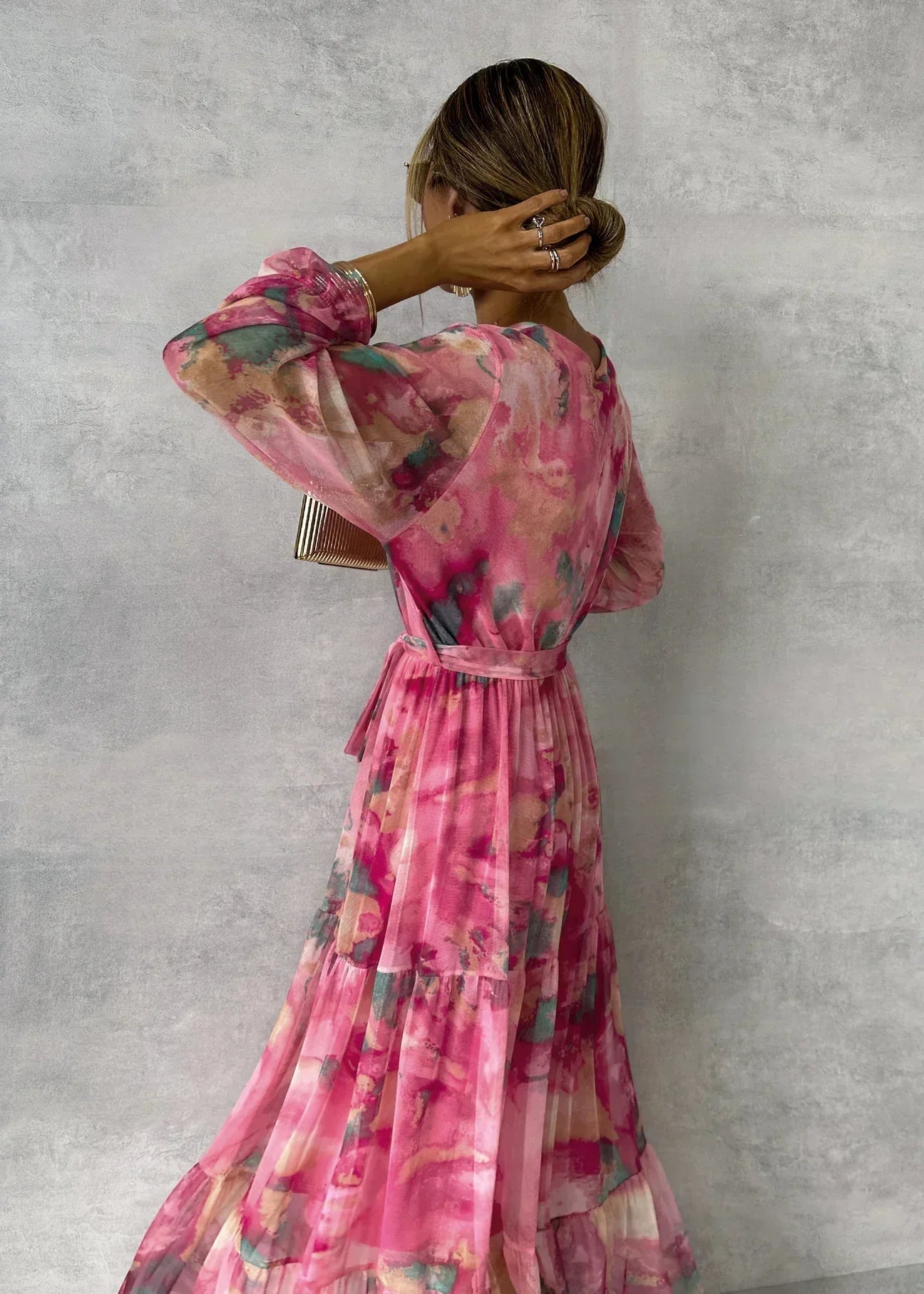 Maxi Dress | Pink Floral Tie-Dye Wrap Maxi with Tiered Hem