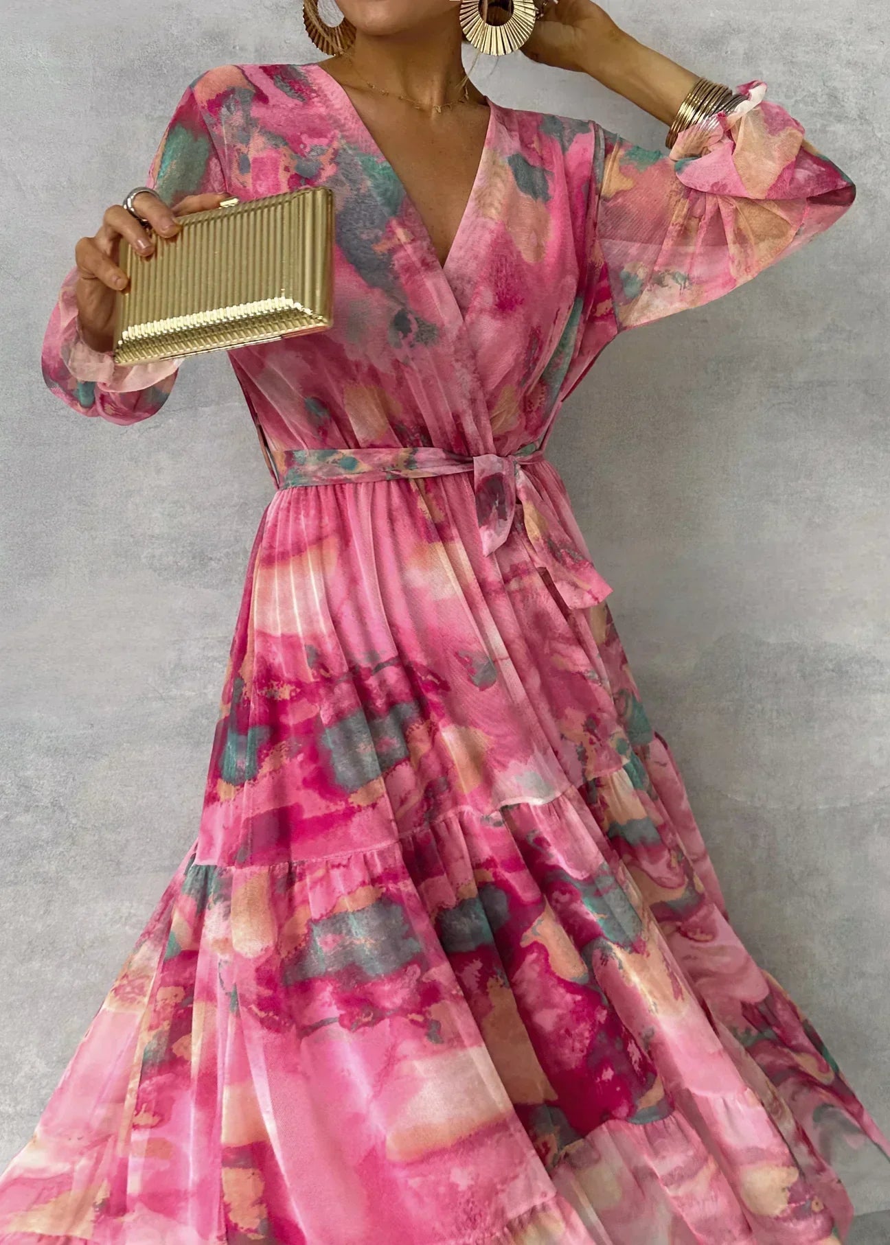 Maxi Dress | Pink Floral Tie-Dye Wrap Maxi with Tiered Hem