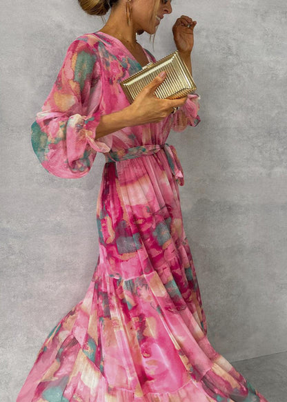 Maxi Dress | Pink Floral Tie-Dye Wrap Maxi with Tiered Hem