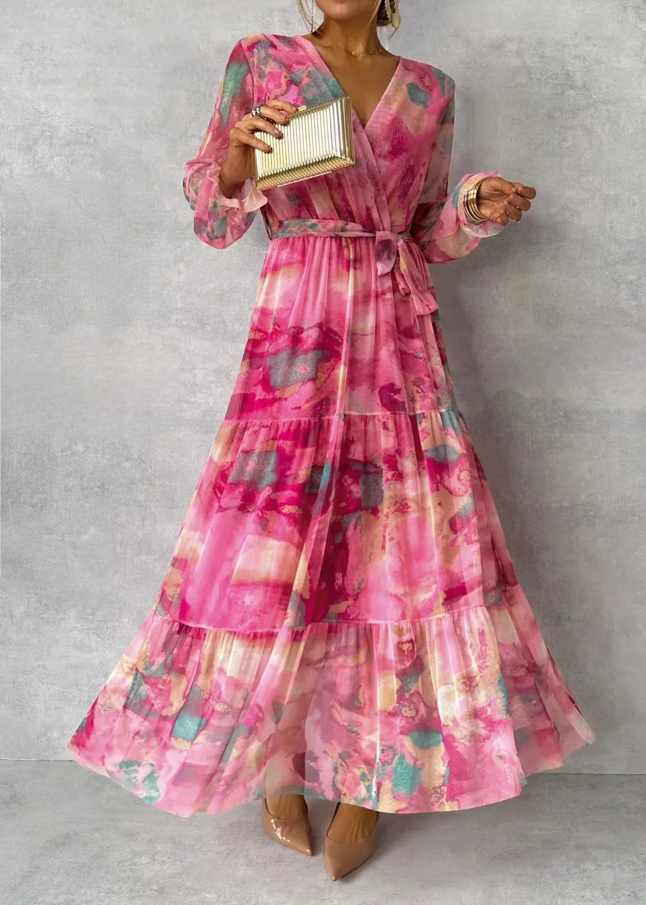 Maxi Dress | Pink Floral Tie-Dye Wrap Maxi with Tiered Hem