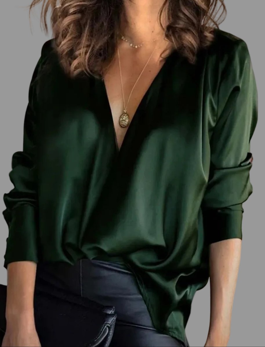 Mia | Women's Deep V-Neck Satin Draped Long-Sleeve Blouse 0