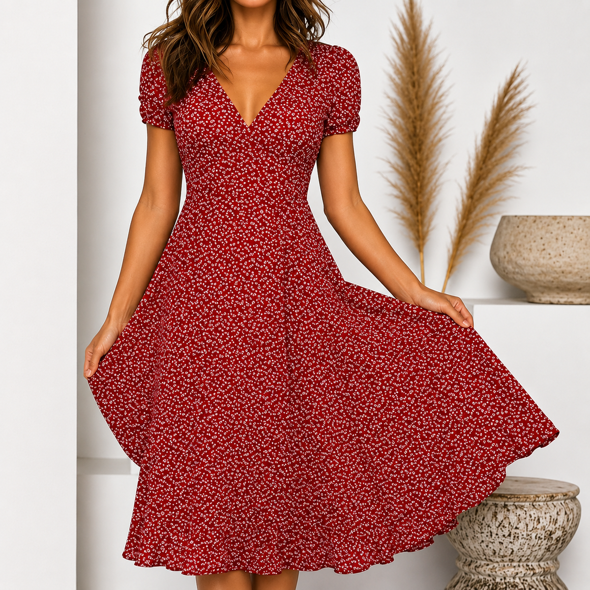 Midi Dress | Ernestina V-Neck Flared Cap-Sleeve Dress for Women