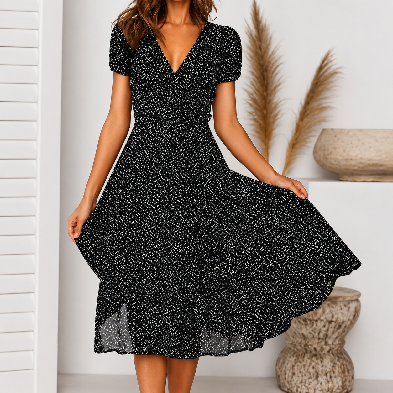 Midi Dress | Ernestina V-Neck Flared Cap-Sleeve Dress for Women