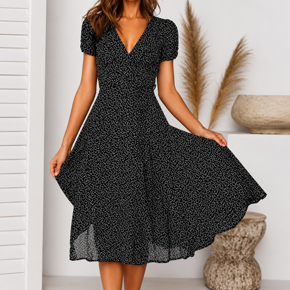 Midi Dress | Ernestina V-Neck Flared Cap-Sleeve Dress for Women