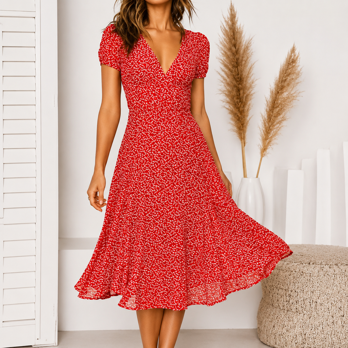 Midi Dress | Ernestina V-Neck Flared Cap-Sleeve Dress for Women