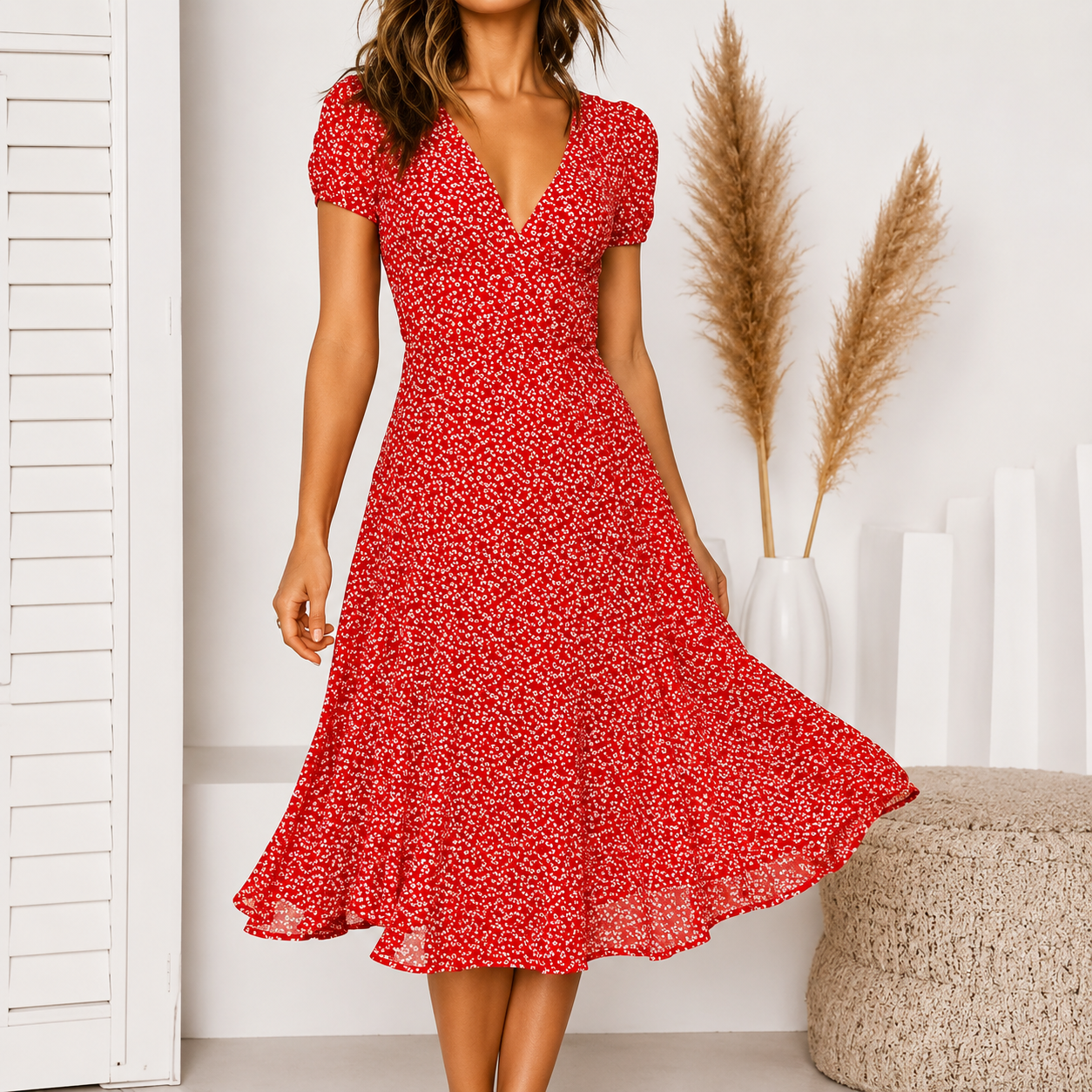 Midi Dress | Ernestina V-Neck Flared Cap-Sleeve Dress for Women