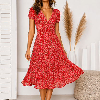Midi Dress | Ernestina V-Neck Flared Cap-Sleeve Dress for Women