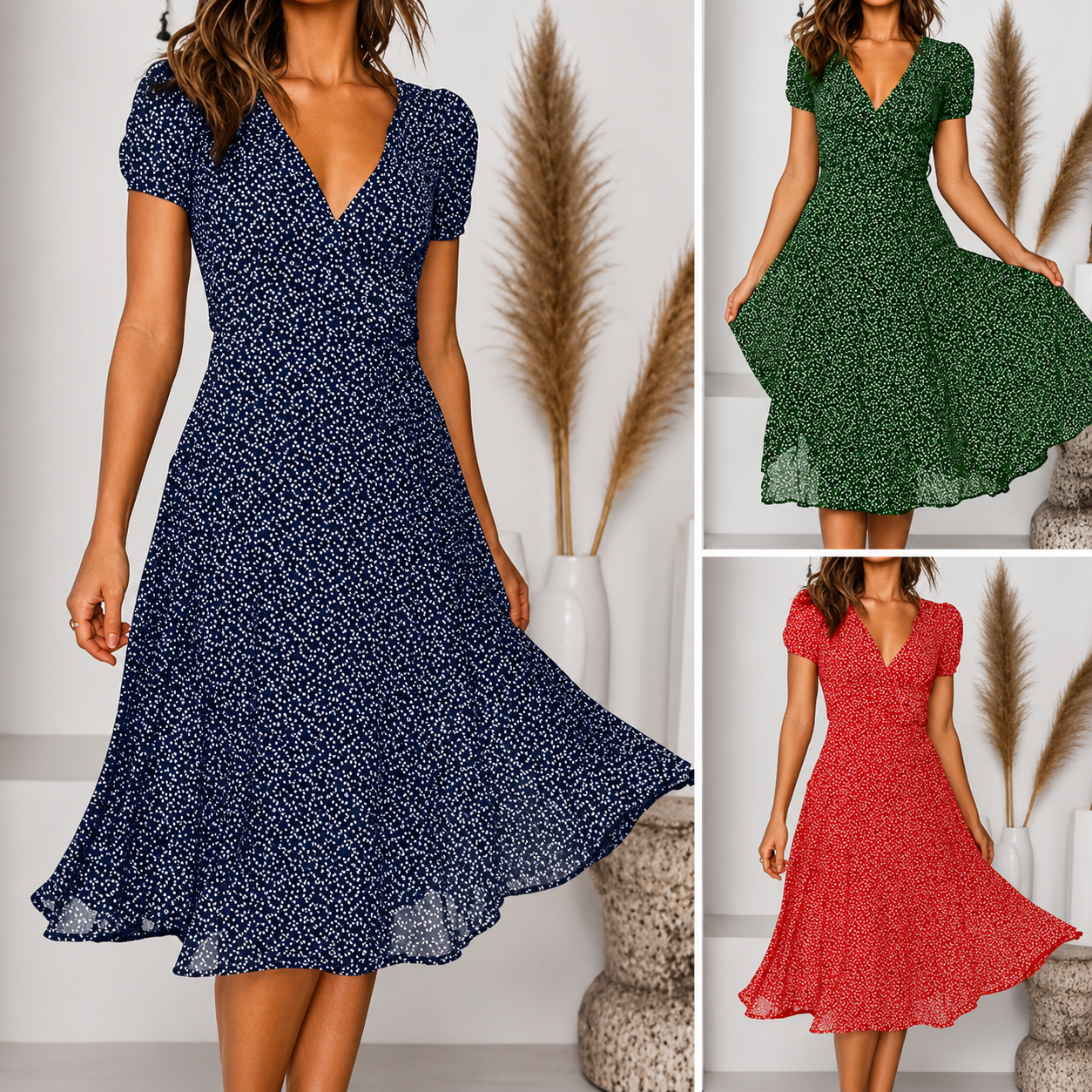 Midi Dress | Ernestina V-Neck Flared Cap-Sleeve Dress for Women