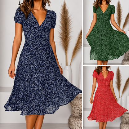 Midi Dress | Ernestina V-Neck Flared Cap-Sleeve Dress for Women