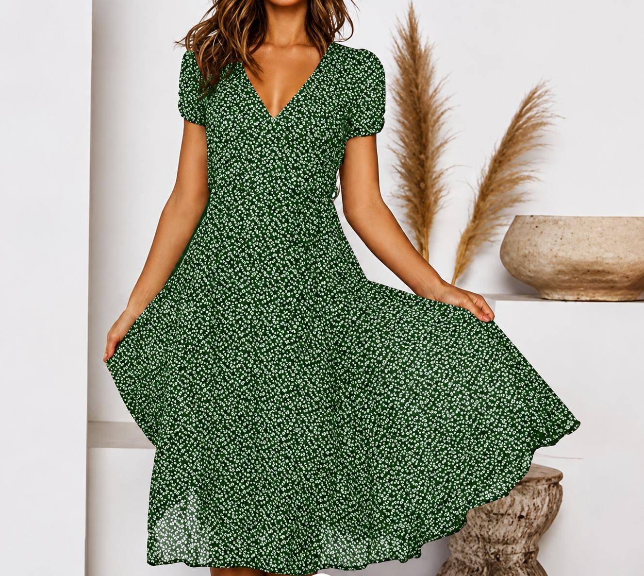 Midi Dress | Ernestina V-Neck Flared Cap-Sleeve Dress for Women