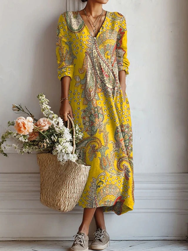 Midi Dress | Floral V-Neck Long-Sleeve Dress for Women
