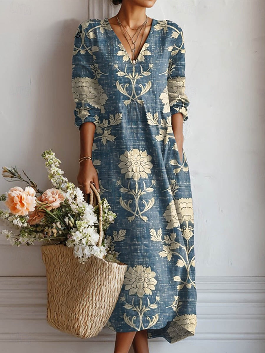 Midi Dress | Floral V-Neck Long-Sleeve Dress for Women