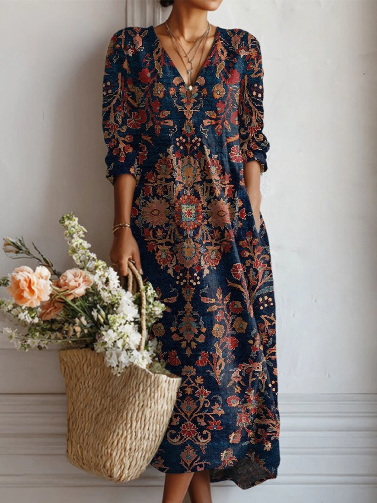 Midi Dress | Floral V-Neck Long-Sleeve Dress for Women