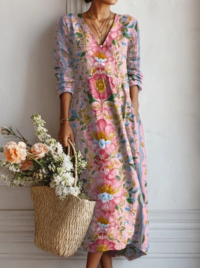 Midi Dress | Floral V-Neck Long-Sleeve Dress for Women
