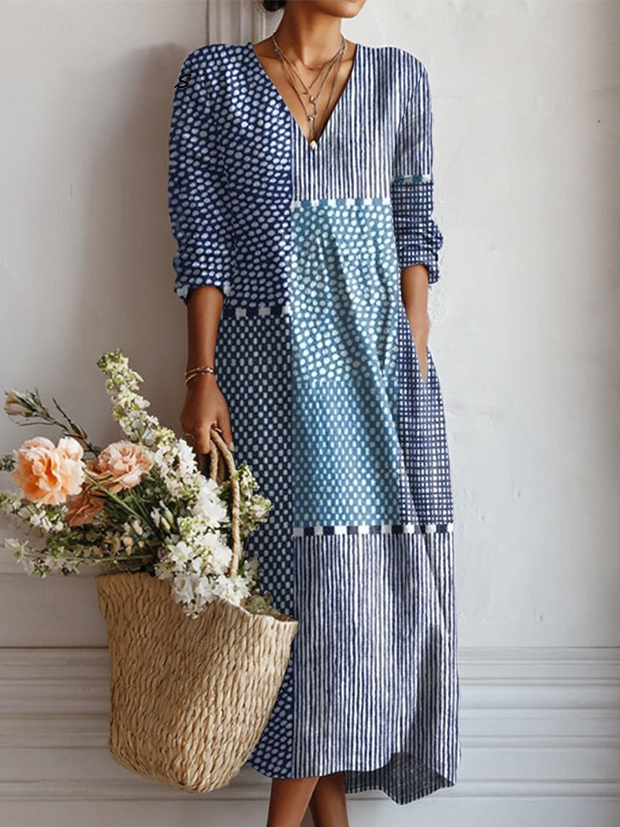 Midi Dress | Floral V-Neck Long-Sleeve Dress for Women