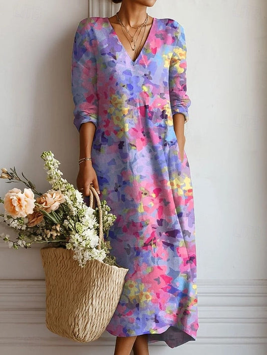 Midi Dress | Floral V-Neck Long-Sleeve Dress for Women
