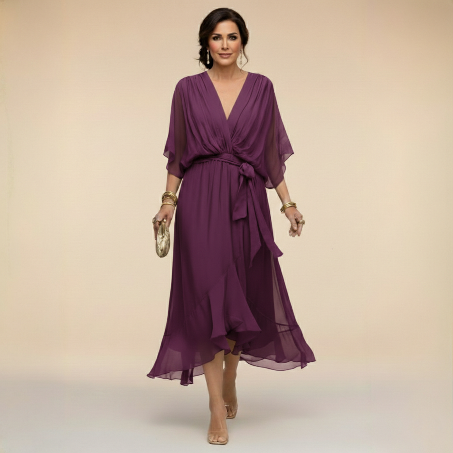 Midi Dress | Juliane Chiffon Wrap V-Neck Midi Dress for Women