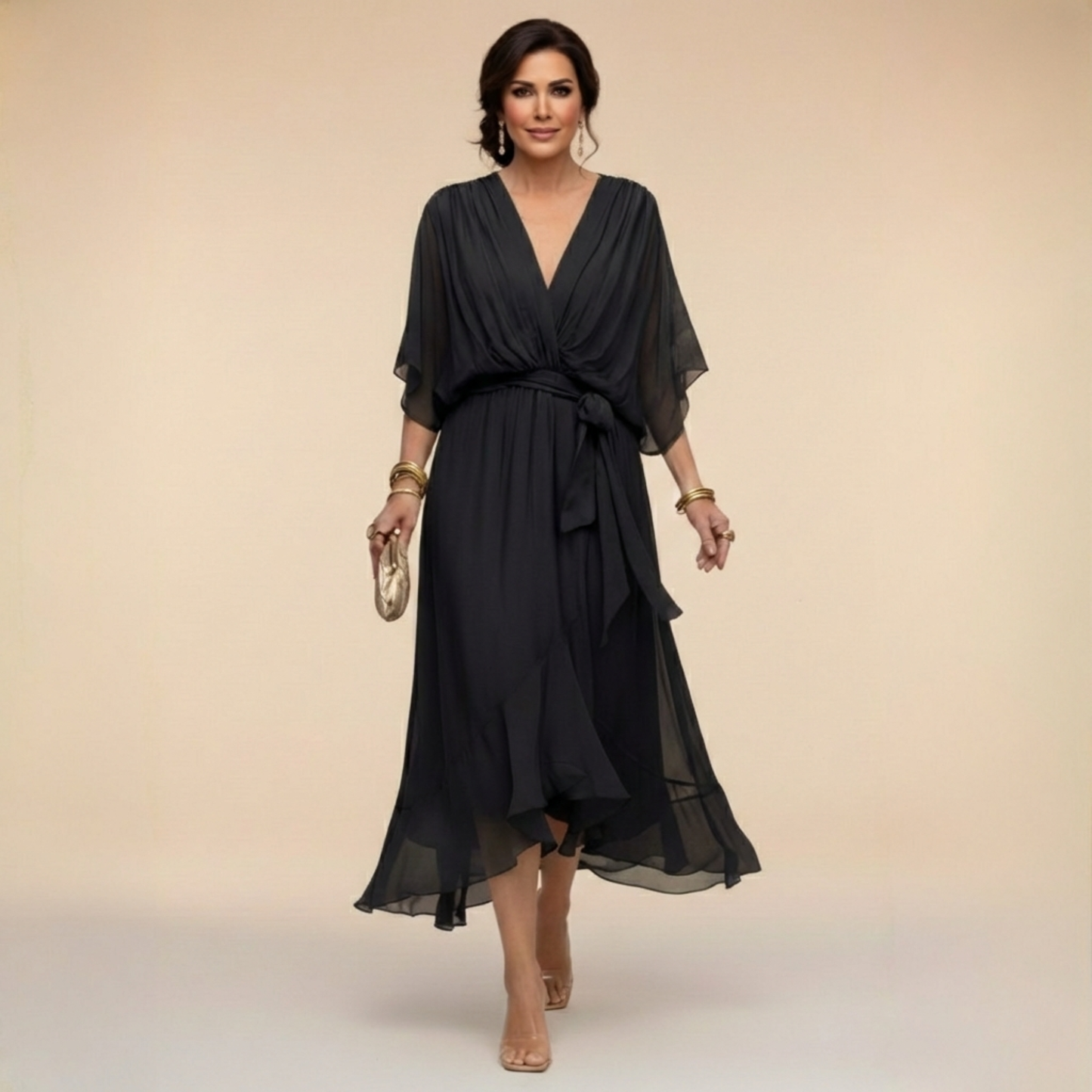Midi Dress | Juliane Chiffon Wrap V-Neck Midi Dress for Women