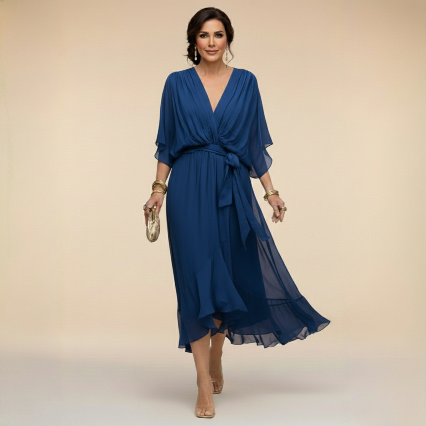 Midi Dress | Juliane Chiffon Wrap V-Neck Midi Dress for Women
