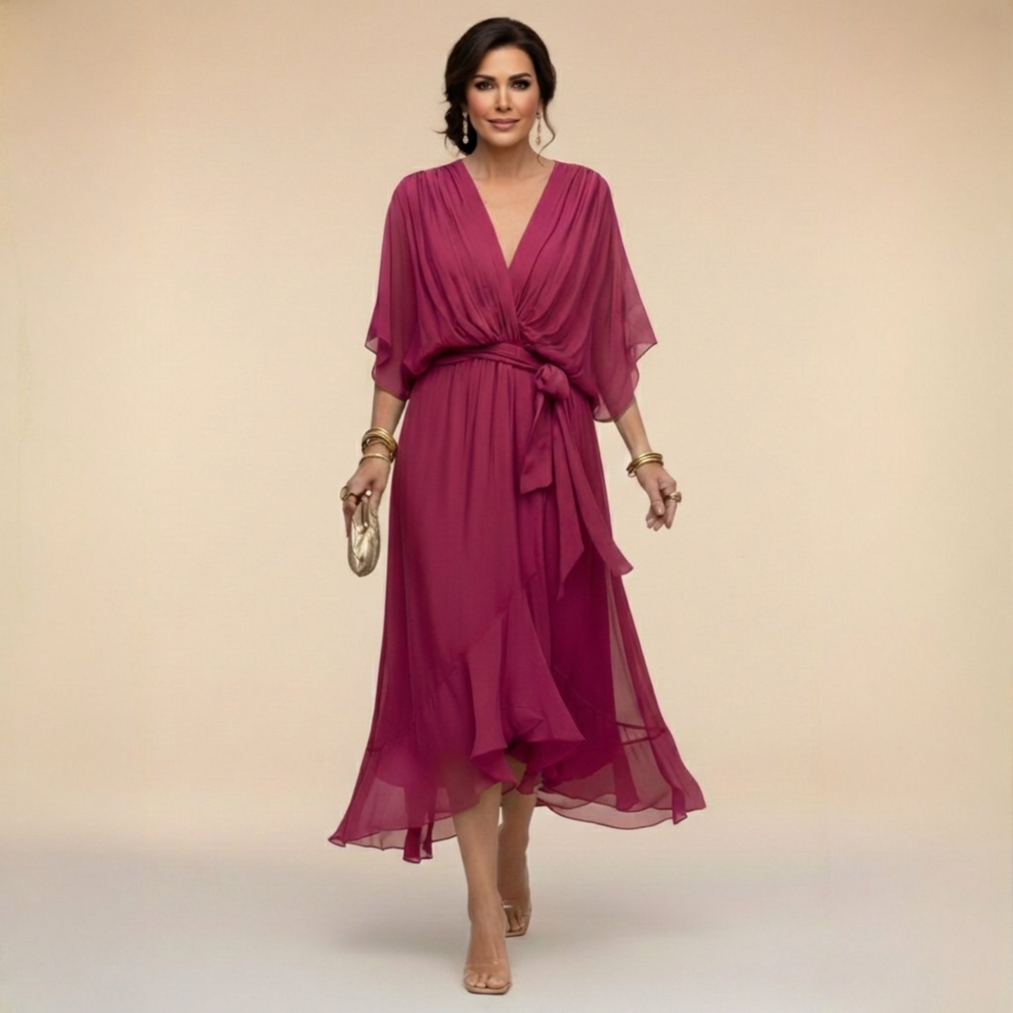 Midi Dress | Juliane Chiffon Wrap V-Neck Midi Dress for Women