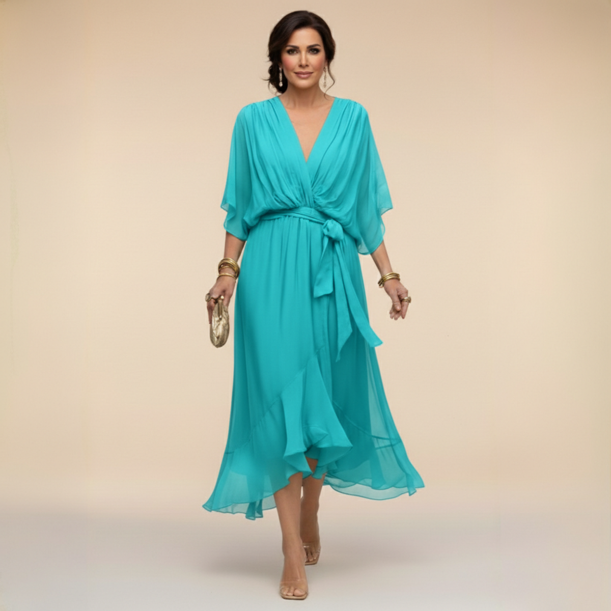 Midi Dress | Juliane Chiffon Wrap V-Neck Midi Dress for Women