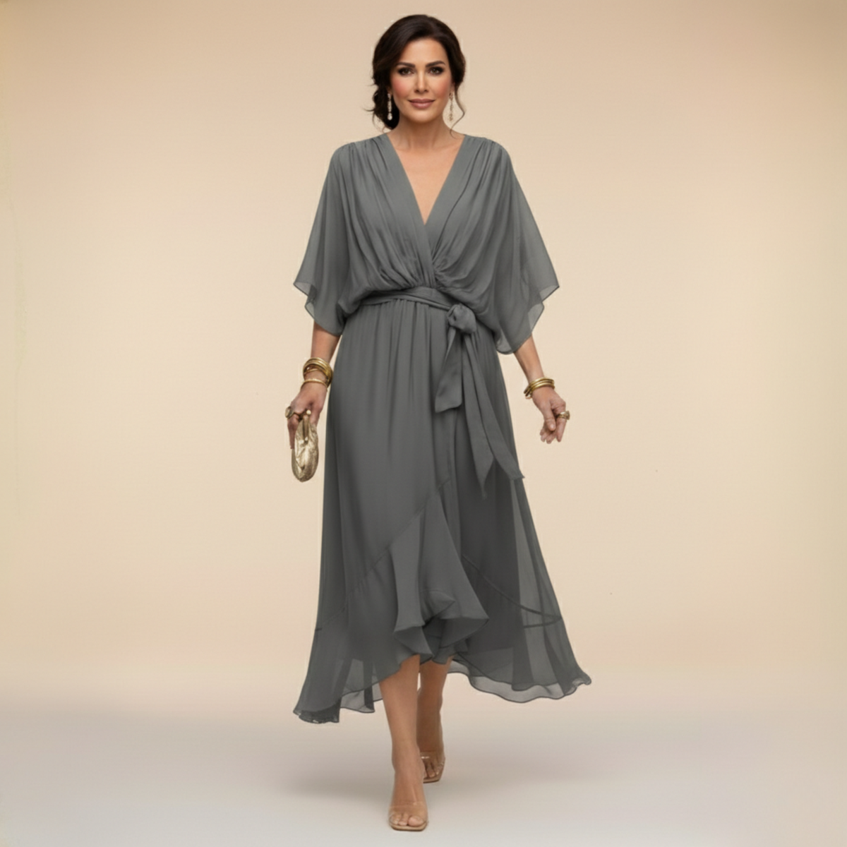 Midi Dress | Juliane Chiffon Wrap V-Neck Midi Dress for Women