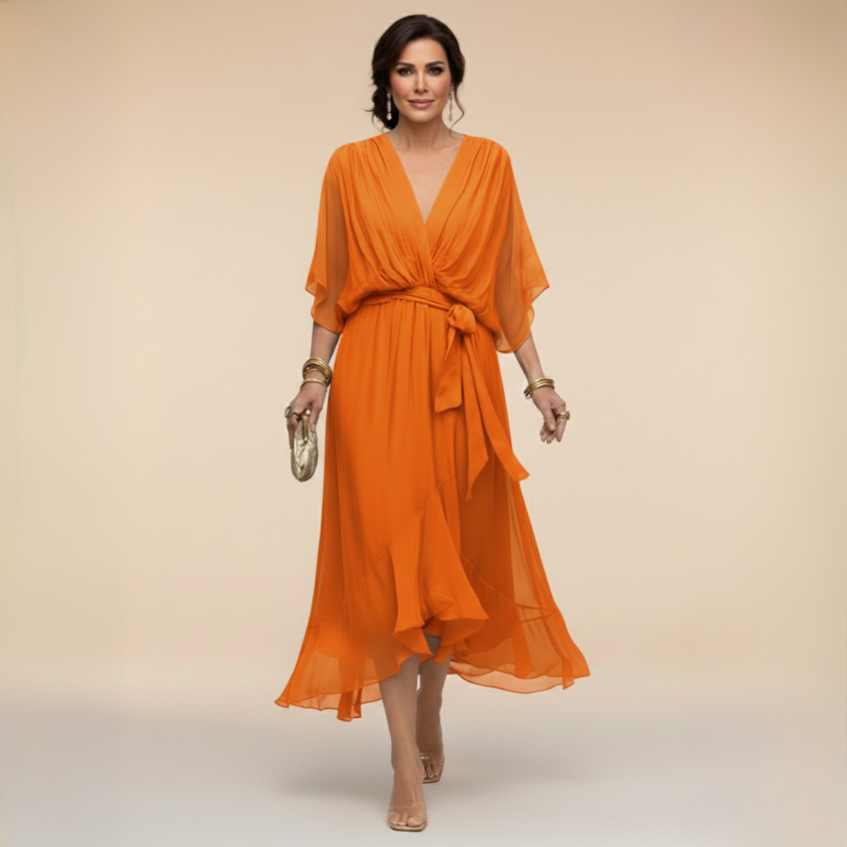 Midi Dress | Juliane Chiffon Wrap V-Neck Midi Dress for Women