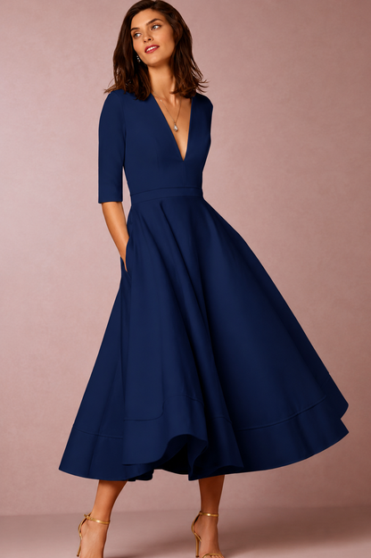 Midi Dress | Lani Deep V-Neck A-Line Retro Midi Dress for Women