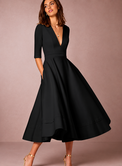 Midi Dress | Lani Deep V-Neck A-Line Retro Midi Dress for Women